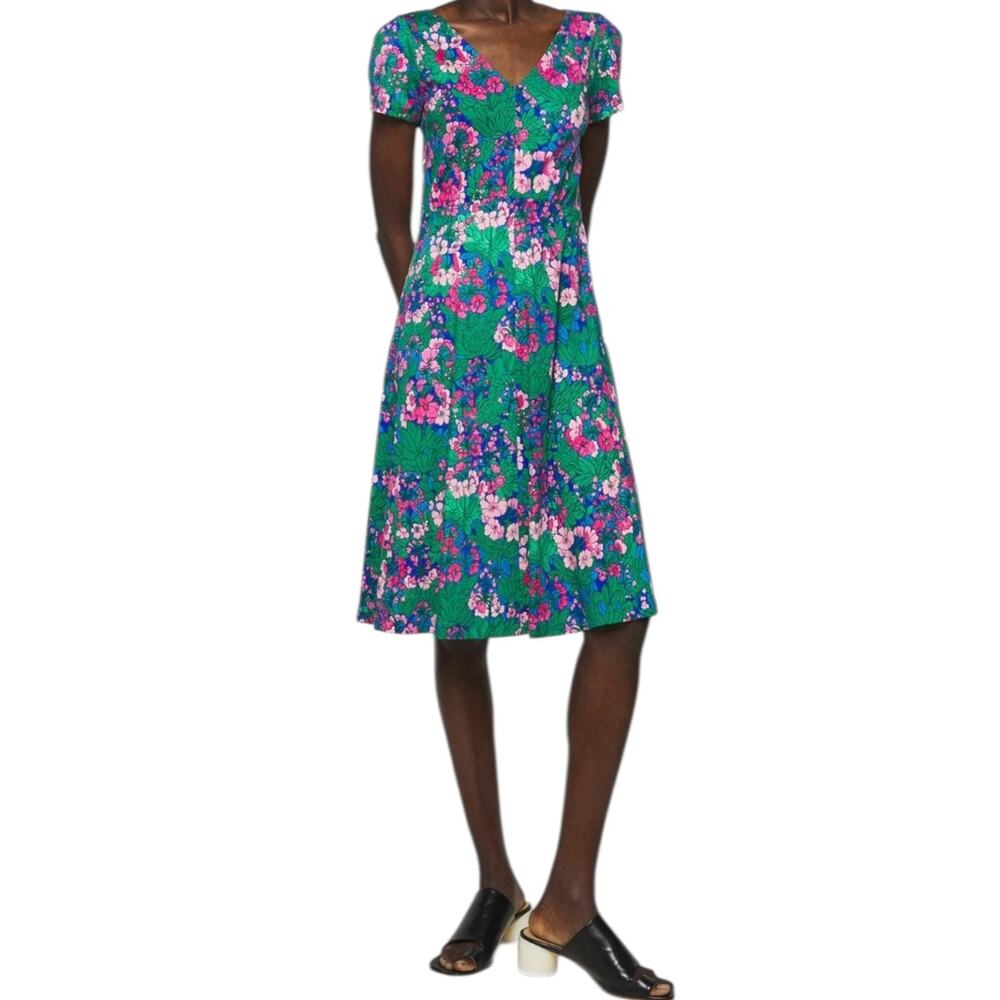 Weekend Max Mara Floral Midi Dress Green Pink Botanical Geranium Print V-Neck M
